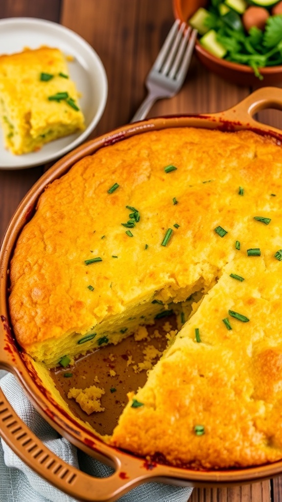A golden brown Zucchini Jiffy Cornbread Casserole in a baking dish, garnished with herbs, with a slice cut out to show the interior.